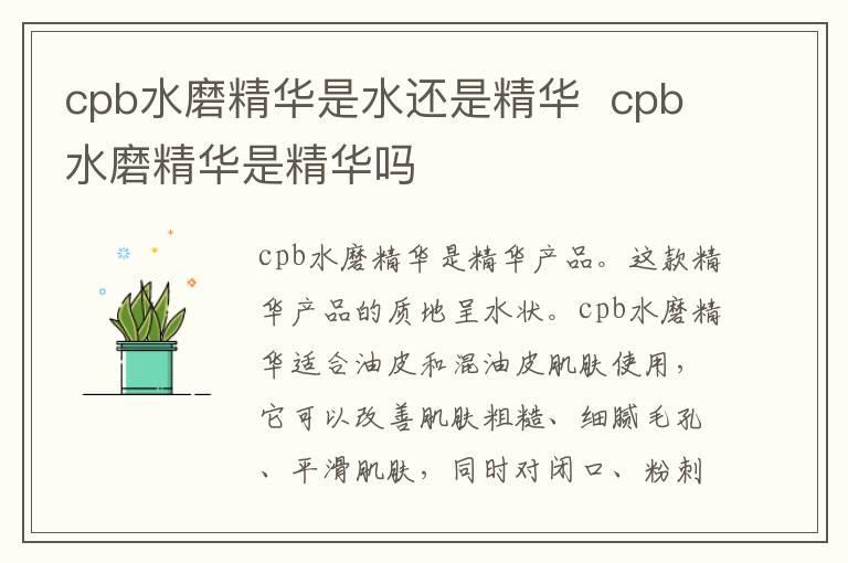 cpb水磨精华是水还是精华 cpb水磨精华是精华吗