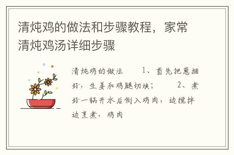清炖鸡的做法和步骤教程，家常清炖鸡汤详细步骤
